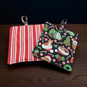 Handmade Potholder, Set of 2, Reversible Christmas Kittens Red and White Stripes
